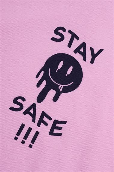 Bisiklet Yaka Kısa Kol Stay Safe Baskılı Pembe Gri Renk Kız Çocuk Taytlı Takım