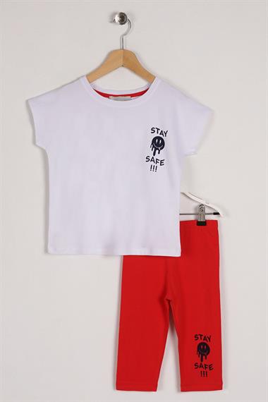 Bisiklet Yaka Kısa Kol Stay Safe Baskılı Beyaz Nar Renk Kız Çocuk Taytlı Takım