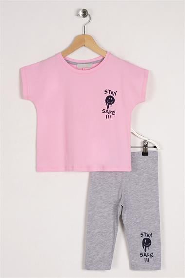 Bisiklet Yaka Kısa Kol Stay Safe Baskılı Pembe Gri Renk Kız Çocuk Taytlı Takım