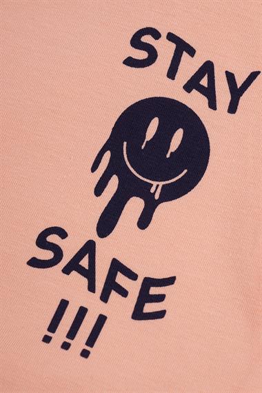 Bisiklet Yaka Kısa Kol Stay Safe Baskılı Oranj Karamela Renk Kız Çocuk Taytlı Takım