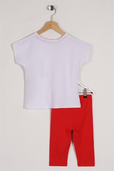 Bisiklet Yaka Kısa Kol Stay Safe Baskılı Beyaz Nar Renk Kız Çocuk Taytlı Takım