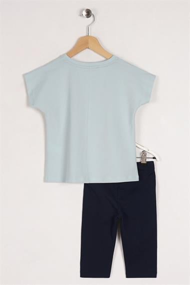 Bisiklet Yaka Kısa Kol Lıttle Thıng Colled Love Baskılı Mint Lacivert Renk Kız Çocuk Taytlı Takım