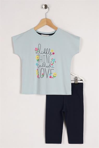 Bisiklet Yaka Kısa Kol Lıttle Thıng Colled Love Baskılı Mint Lacivert Renk Kız Çocuk Taytlı Takım