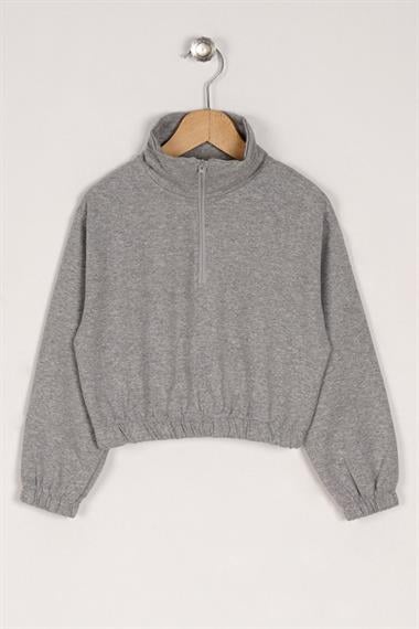 Balıkçı Yaka Uzun Kol Fermuar Detaylı Gri Renk Kız Çocuk Sweatshirt