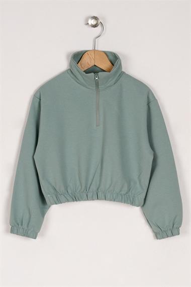 Balıkçı Yaka Uzun Kol Fermuar Detaylı Çağla Yeşil Renk Kız Çocuk Sweatshirt