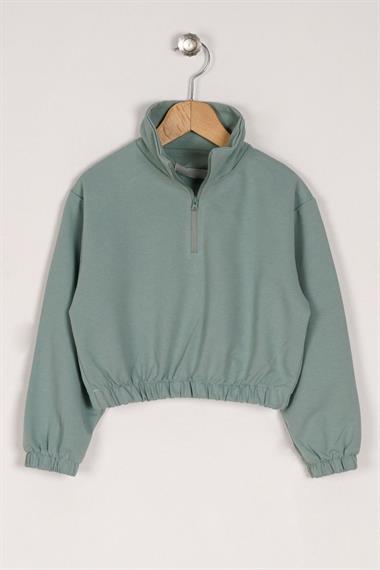 Balıkçı Yaka Uzun Kol Fermuar Detaylı Çağla Yeşil Renk Kız Çocuk Sweatshirt