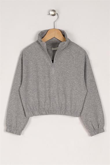 Balıkçı Yaka Uzun Kol Fermuar Detaylı Gri Renk Kız Çocuk Sweatshirt