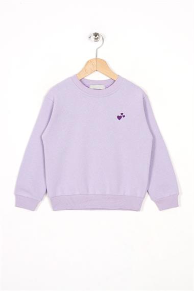 Bisiklet Yaka Uzun Kol Kalp Nakışlı Şardonlu Kız Çocuk Koyu Lila Renk Sweatshirt