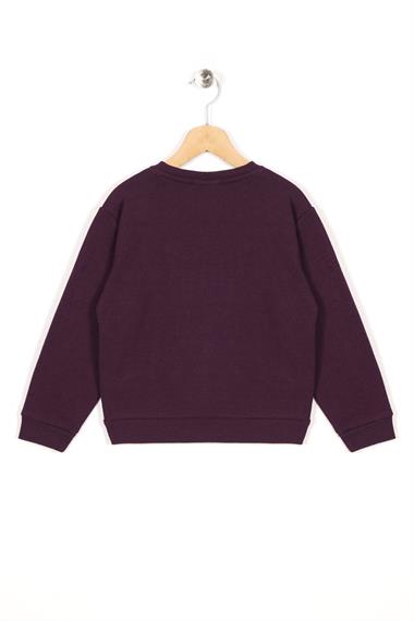 Bisiklet Yaka Uzun Kol Kalp Nakışlı Şardonlu Kız Çocuk Mürdüm Renk Sweatshirt