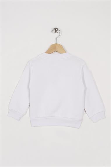 Bisiklet Yaka Uzun Kol Kalp Nakışlı Şardonlu Kız Çocuk Beyaz Renk Sweatshirt