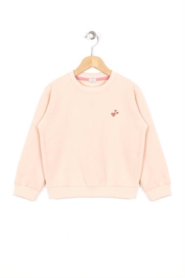 Bisiklet Yaka Uzun Kol Kalp Nakışlı Şardonlu Kız Çocuk Somon Renk Sweatshirt