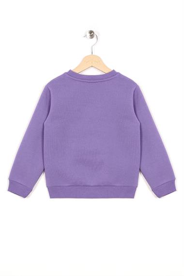 Bisiklet Yaka Uzun Kol Kalp Nakışlı Şardonlu Kız Çocuk Mor Renk Sweatshirt