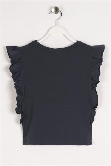 Bisiklet Yaka Kısa Kol Yazı Baskılı Yanları Fırfırlı Fume Renk Kız Çocuk Tshirt