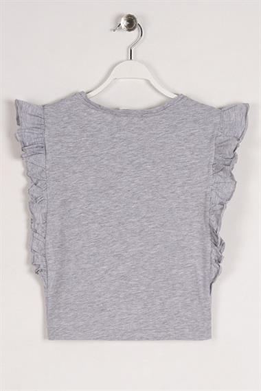 Bisiklet Yaka Kısa Kol Yazı Baskılı Yanları Fırfırlı Gri Melanj Renk Kız Çocuk Tshirt