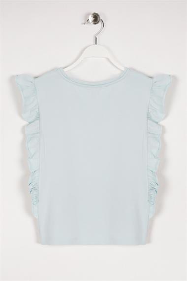 Bisiklet Yaka Kısa Kol Yazı Baskılı Yanları Fırfırlı Mint Renk Kız Çocuk Tshirt