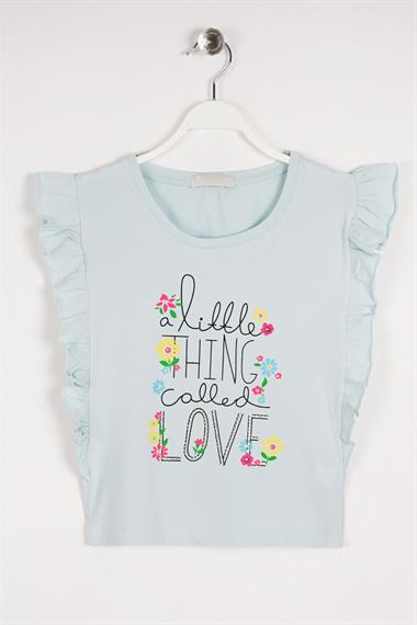 Bisiklet Yaka Kısa Kol Yazı Baskılı Yanları Fırfırlı Mint Renk Kız Çocuk Tshirt