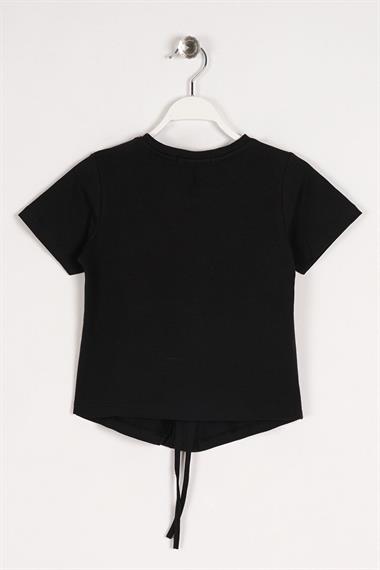 Bisiklet Yaka Bağcık Detaylı Siyah Renk Kız Çocuk Tshirt