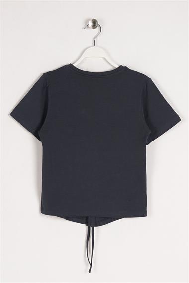 Bisiklet Yaka Bağcık Detaylı Füme Renk Kız Çocuk Tshirt