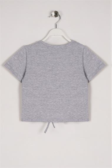 Bisiklet Yaka Bağcık Detaylı Gri Melanj Renk Kız Çocuk Tshirt