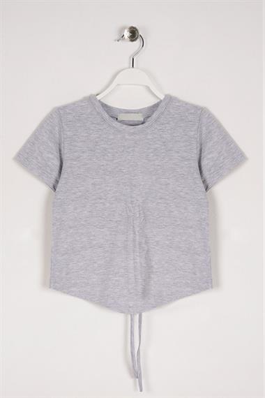 Bisiklet Yaka Bağcık Detaylı Gri Melanj Renk Kız Çocuk Tshirt