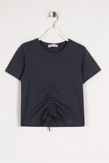 Bisiklet Yaka Bağcık Detaylı Füme Renk Kız Çocuk Tshirt