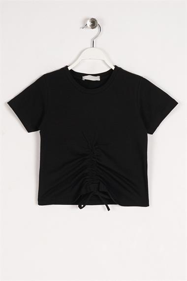 Bisiklet Yaka Bağcık Detaylı Siyah Renk Kız Çocuk Tshirt