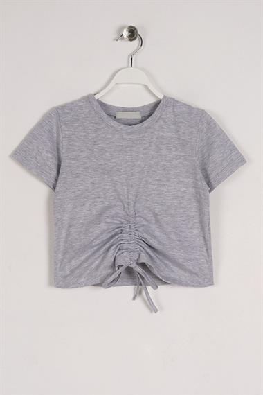 Bisiklet Yaka Bağcık Detaylı Gri Melanj Renk Kız Çocuk Tshirt