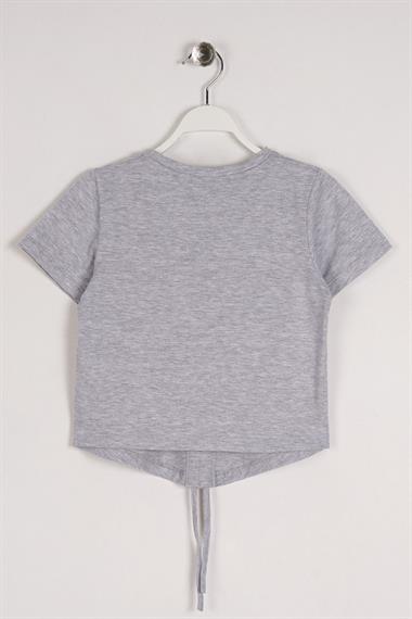Bisiklet Yaka Bağcık Detaylı Gri Melanj Renk Kız Çocuk Tshirt