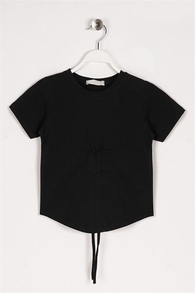 Bisiklet Yaka Bağcık Detaylı Siyah Renk Kız Çocuk Tshirt