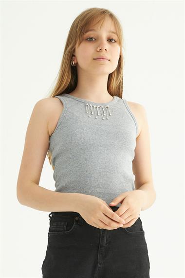 Bisiklet Yaka Sıfır Kol Gri Melanj Renk Kız Çocuk Taşlı Crop Tshirt