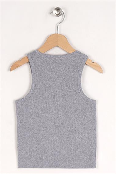 Bisiklet Yaka Sıfır Kol Gri Melanj Renk Kız Çocuk Taşlı Crop Tshirt