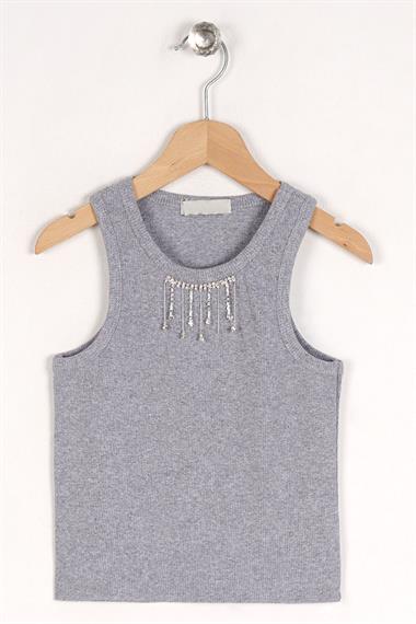 Bisiklet Yaka Sıfır Kol Gri Melanj Renk Kız Çocuk Taşlı Crop Tshirt