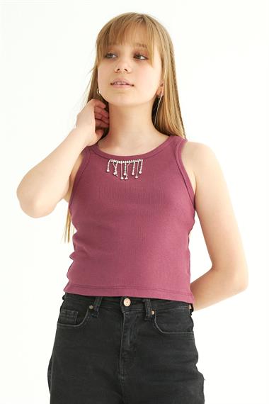 Bisiklet Yaka Sıfır Kol Mürdüm Renk Kız Çocuk Taşlı Crop Tshirt