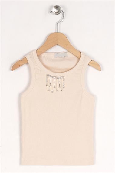 Bisiklet Yaka Sıfır Kol Bej Renk Kız Çocuk Taşlı Crop Tshirt