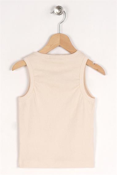 Bisiklet Yaka Sıfır Kol Bej Renk Kız Çocuk Taşlı Crop Tshirt