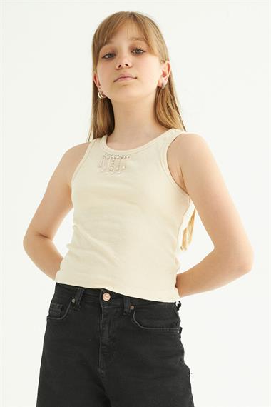 Bisiklet Yaka Sıfır Kol Bej Renk Kız Çocuk Taşlı Crop Tshirt