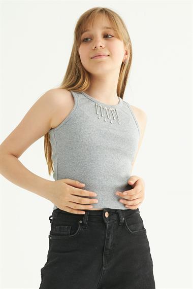 Bisiklet Yaka Sıfır Kol Gri Melanj Renk Kız Çocuk Taşlı Crop Tshirt