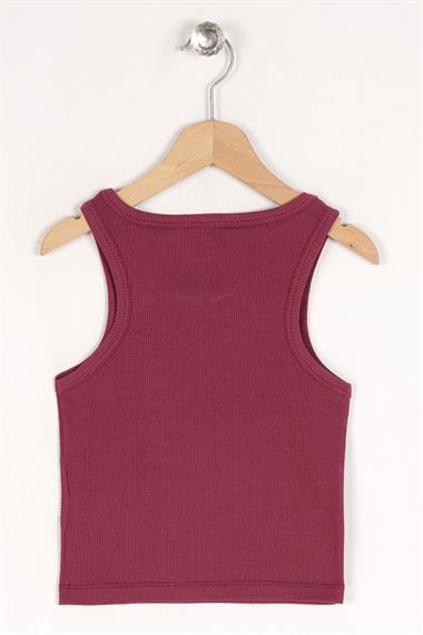 Bisiklet Yaka Sıfır Kol Mürdüm Renk Kız Çocuk Taşlı Crop Tshirt