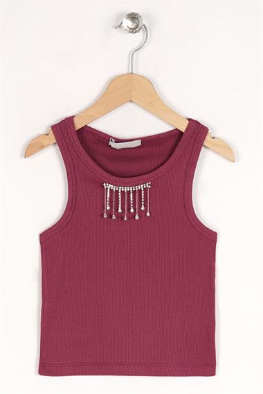 Bisiklet Yaka Sıfır Kol Mürdüm Renk Kız Çocuk Taşlı Crop Tshirt