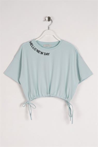 Bisiklet Yaka Kısa Kol Hello New Day Yazılı Mint Renk Kız Çocuk Tshirt