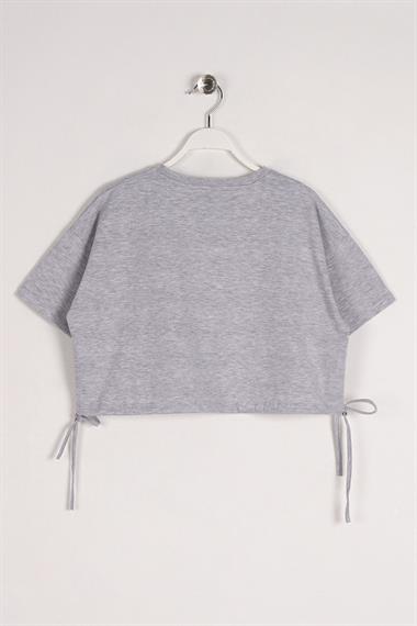 Bisiklet Yaka Kısa Kol Hello New Day Yazılı Gri Melanj Renk Kız Çocuk Tshirt