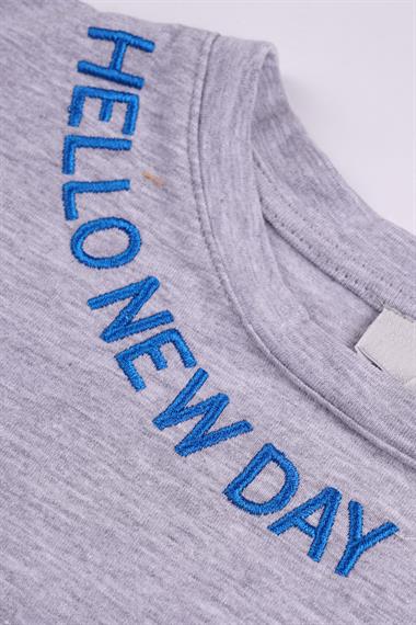 Bisiklet Yaka Kısa Kol Hello New Day Yazılı Gri Melanj Renk Kız Çocuk Tshirt