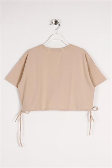 Bisiklet Yaka Kısa Kol Hello New Day Yazılı Bej Renk Kız Çocuk Tshirt