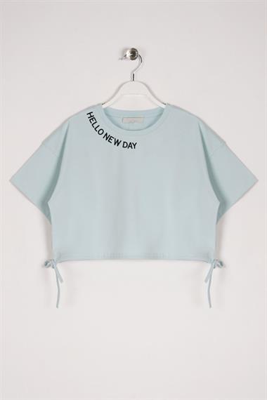 Bisiklet Yaka Kısa Kol Hello New Day Yazılı Mint Renk Kız Çocuk Tshirt