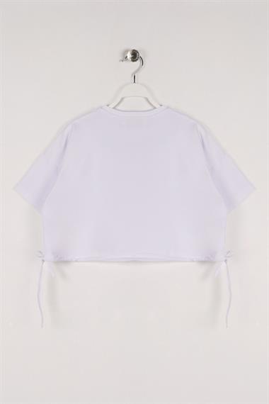 Bisiklet Yaka Kısa Kol Hello New Day Yazılı Bel Bagcıklı Beyaz Renk Kız Çocuk Tshirt