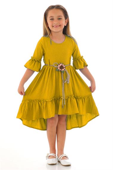 Bisiklet Yaka Karpuz Kol Beli Hasır Kuşaklı Hardal Renk Kız Çocuk Elbise