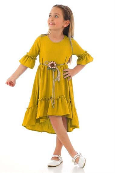 Bisiklet Yaka Karpuz Kol Beli Hasır Kuşaklı Hardal Renk Kız Çocuk Elbise