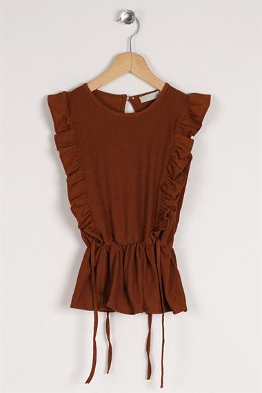 Bisiklet Yaka Fırfır Kol Beli Lastik Detaylı Kahverengi Renk Kız Çocuk Bluz