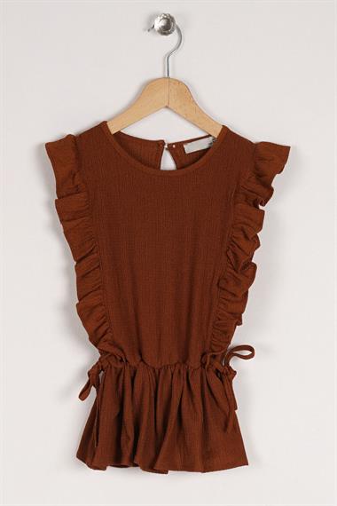 Bisiklet Yaka Fırfır Kol Beli Lastik Detaylı Kahverengi Renk Kız Çocuk Bluz