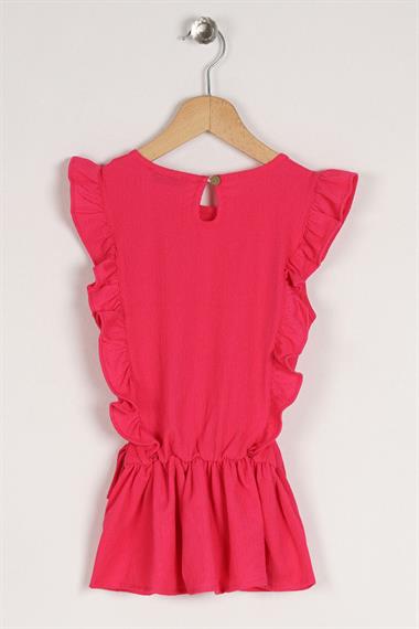 Bisiklet Yaka Fırfır Kol Beli Lastik Detaylı Fuşya Renk Kız Çocuk Bluz